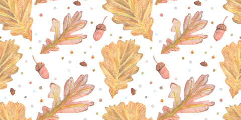 Raster seamless watercolor pattern with acorns, colored ots and oak leaves. Colored hand drawn tracery.