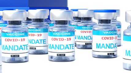Covid mandate - vaccine bottles with an English label Mandate that symbolize a big human achievement that may end the fight with the coronavirus pandemic, 3d illustration - obrazy, fototapety, plakaty