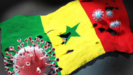 Covid in Senegal - coronavirus attacking a national flag of Senegal as a symbol of a fight and struggle with the virus pandemic in this country, 3d illustration