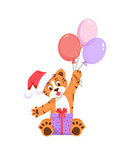 A cute tiger in a Santa Claus hat holds a gift and colorful balloons in its paws. Isolated on a white background. Flat style. Rogo, new year. 2022. Vector illustration