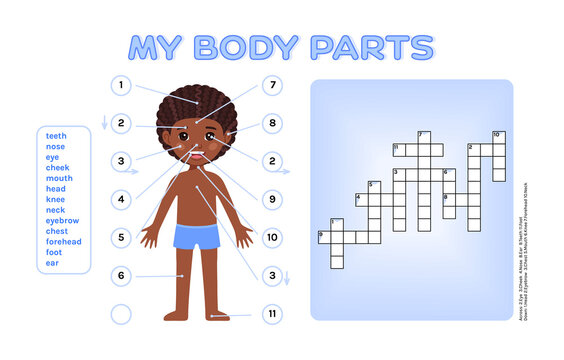 Сrossword Puzzle for School Children and Cute Black Afro Boy. My body Parts. Page from Workbook for Lesson in Anatomy, Biology. Educational Intellectual Game for Kids Color Cartoon style. Vector image