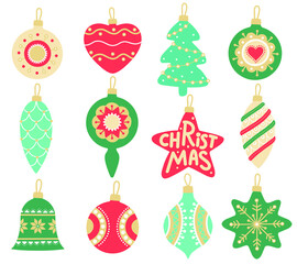Set of Christmas toys for the Christmas tree. Colorful image.