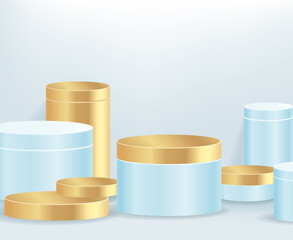 Modern light blue and gold cylinder pedestal podium, minimal, Stage for awards on website,  Abstract room,