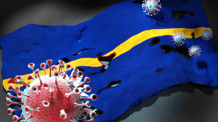 Covid in Nauru - coronavirus attacking a national flag of Nauru as a symbol of a fight and struggle with the virus pandemic in this country, 3d illustration