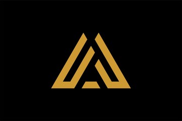 Mountain logo design vector. Triangle abstract illustration symbol. Letter AM outline sign. Gold adventure vector icon.