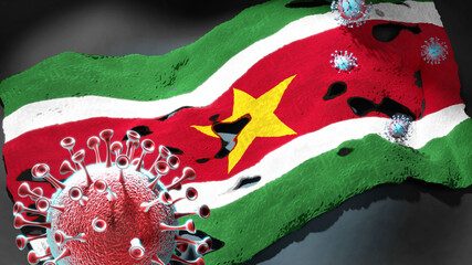 Covid in Suriname - coronavirus attacking a national flag of Suriname as a symbol of a fight and struggle with the virus pandemic in this country, 3d illustration