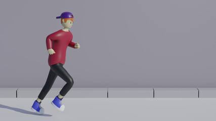 3d render cartoon characters run. Marathon participants, Young boy running, stylized cartoon character, school kid 3d rendering.