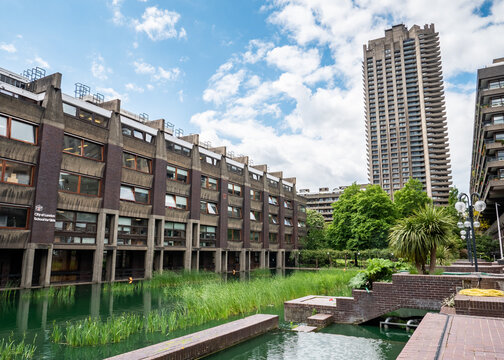 Barbican Lakeside, London. The iconic brutalist architecture of the Barbican Centre and Estate in the heart of the City of London, EC2.