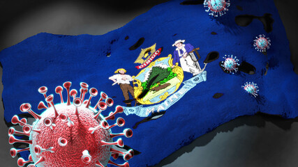 Covid in Maine - coronavirus attacking a state flag of Maine as a symbol of a fight and struggle with the virus pandemic in this state, 3d illustration