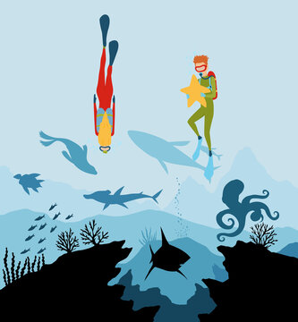 Diver explorers and reef underwater wildlife. Silhouette of coral reef with fish and scuba diver on a blue sea background. Underwater marine wildlife. Nature  illustration