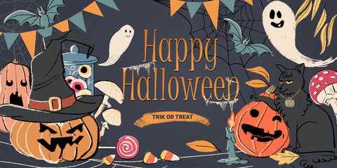 Happy halloween card or banner with pumpkin, black cat, witch hat, candy, mushrooms, candle and ghost. Retro halloween design for sale banner, flyer, wall art, prints.