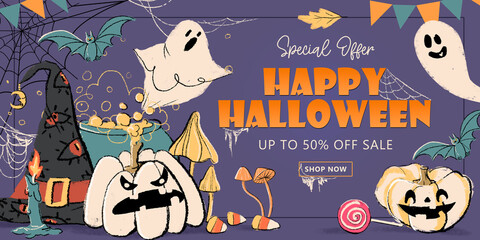 Happy Halloween sale banners with witch hat , pumpkins, bat, mushrooms, candle, spider web, autumn leaves. candies and ghosts on violet background. Retro design for sale banner, flyer, prints.