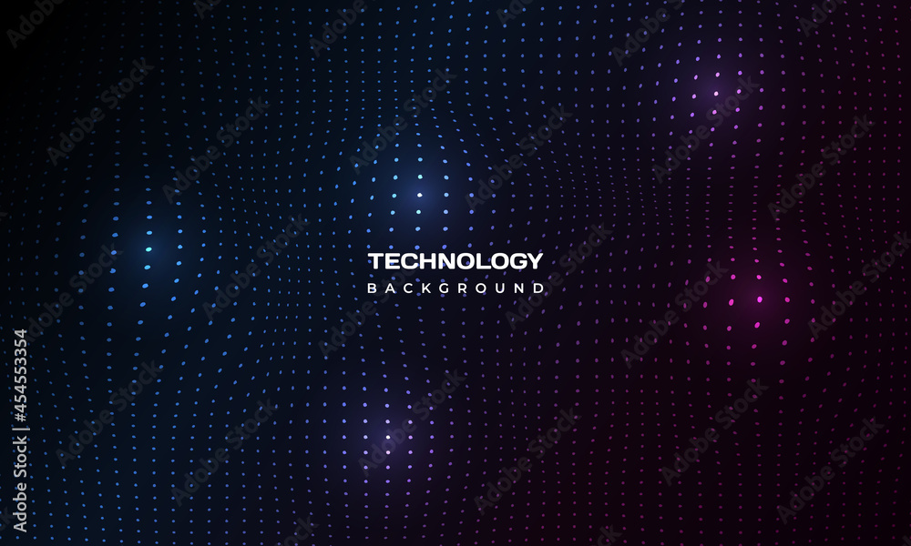 Poster Abstract digital technology particles mesh dark background. Digital network illustration with 3D tech particle grid surface. Abstract big data concept technology background. Vector illustration.