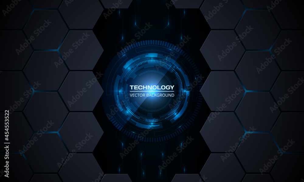 Poster Abstract vector innovation technology concept background with circuit board and hexagonal grid. Blue bright energy flashes under hexagon. Circuit board HUD interface futuristic technology background.