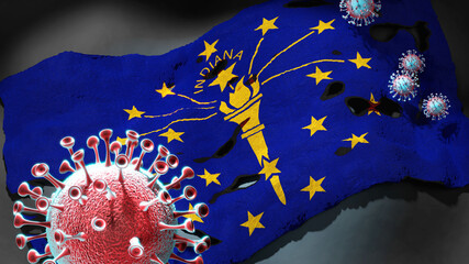 Covid in Indiana - coronavirus attacking a state flag of Indiana as a symbol of a fight and struggle with the virus pandemic in this state, 3d illustration