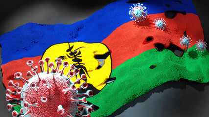 Covid in New Caledonia - coronavirus attacking a national flag of New Caledonia as a symbol of a fight and struggle with the virus pandemic in this country, 3d illustration