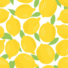 Cute Vector Lemon seamless pattern. Flat summer fresh whole fruits, leaves, lemons print on white background. Lemonade repeat texture for wallpaper, textile, wrapping paper, tropical fabric