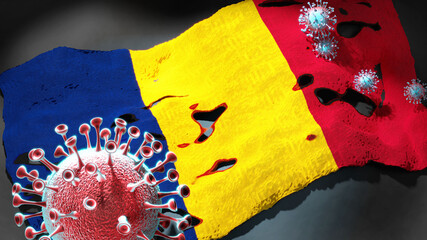 Covid in Chad - coronavirus attacking a national flag of Chad as a symbol of a fight and struggle with the virus pandemic in this country, 3d illustration