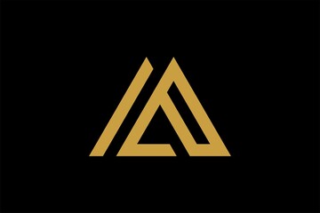 Mountain logo design vector. Triangle abstract illustration symbol. Letter AM outline sign. Gold adventure vector icon.