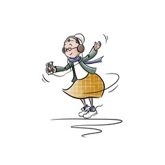 Grandmother listen to the music on the cassette recorder. Happy grandma. World senior citizen’s day. Active lifestyle