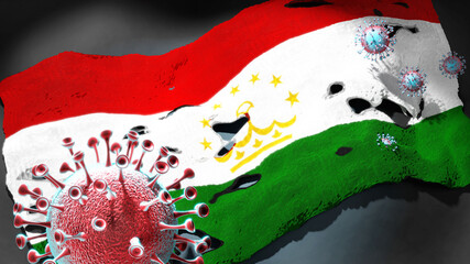 Covid in Tajikistan - coronavirus attacking a national flag of Tajikistan as a symbol of a fight and struggle with the virus pandemic in this country, 3d illustration
