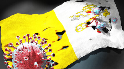 Covid in Holy See - coronavirus attacking a national flag of Holy See as a symbol of a fight and struggle with the virus pandemic in this country, 3d illustration