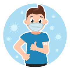 Man was vaccinated and shows the class on a blue background. Vaccination banner