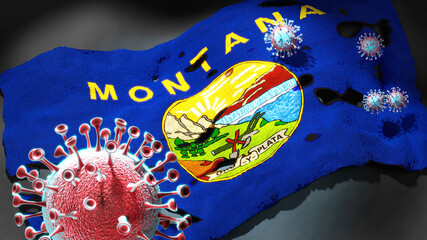 Covid in Montana - coronavirus attacking a state flag of Montana as a symbol of a fight and struggle with the virus pandemic in this state, 3d illustration