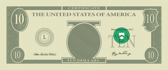 Voucher template banknote 10 dollars with guilloche pattern watermarks and border. Green background banknote, gift voucher, coupon, money design, currency, cheque, reward, certificate vector design