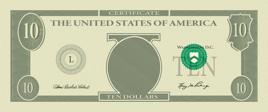 Voucher template banknote 10 dollars with guilloche pattern watermarks and border. Green background banknote, gift voucher, coupon, money design, currency, cheque, reward, certificate vector design