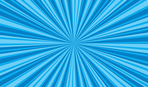 Pop art background. Comic starburst pattern. Blue cartoon print with points, beams. Vintage sunshine texture. Halftone retro duotone banner. Superhero sunburst backdrop. Vector illustration.