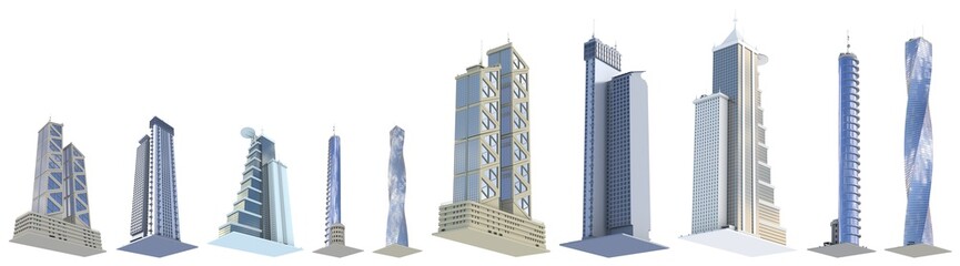 Set of very detailed hi-tech tall buildings with fictional design and blue sky reflection - isolated, various angles views 3d illustration of architecture