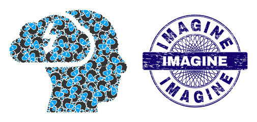 Recursion collage brainstorming and Imagine round dirty stamp. Violet stamp includes Imagine tag inside circle and guilloche technique.