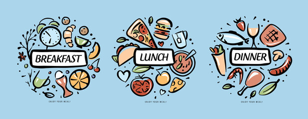 Fototapeta premium Drawn sets of products for breakfast, lunch and dinner
