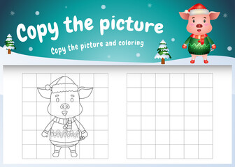 copy the picture kids game and coloring page with a cute pig using christmas costume