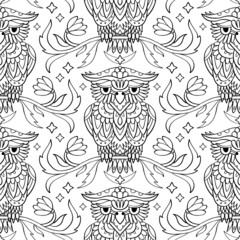 Black and white ornate owl seamless pattern in Art Nouveau style. Line-art owl and flowers.