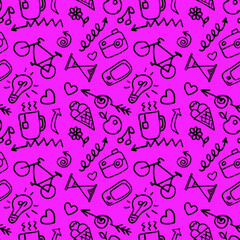 Seamless pattern, hand-drawn items of black color on a feminine theme on a pink background