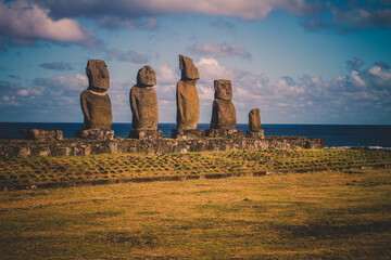 Moai stone sculptures on Easter island, Chile.