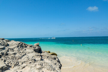 Beach and rock formations in Cancun, Mexico