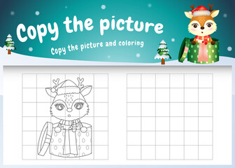 copy the picture kids game and coloring page with a cute deer using christmas costume
