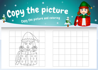 copy the picture kids game and coloring page with a cute girl elf using christmas costume