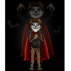 The guy with the lantern tells a frightening story. Dark background. Halloween. Cartoon design. Poster. Party costume. The mask is terrible. Spirit. Ghost. The bats. The day of the Dead.