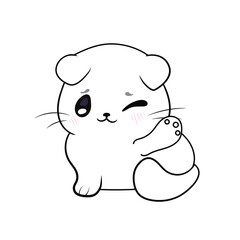  Vector White Cartoon Kitten Isolated on White Background, Coloring Illustration, Contour Lines, Cute Winking Cat Art.