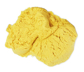 Pile of yellow kinetic sand on white background, top view