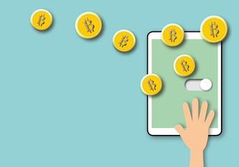 Businessman investing, trading or paying on digital tablet computer with virtual interface with BTC currency symbol, Bitcoin blockchain cryptocurrency technology concept, paper cut design style.