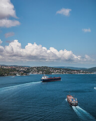 Aerial view of cargo ships sail by sea to the port of Istanbul
