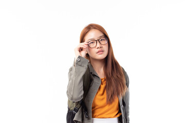 Portrait of happy casual Asian girl student with backpack isolated on white background. Back to school and learning concept.