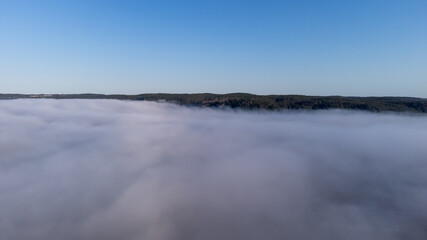 Misty morning in August. Nature photography of forest and fog taken with a drone in Sweden. Deciduous trees seen from above, aerial, bird's eye view. 