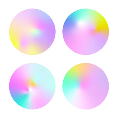 Set of holographic circles with gradient mesh. 90s, 80s retro style. Holographic poster. Abstract backgrounds. Iridescent graphic template for brochure, banner, wallpaper, mobile screen.