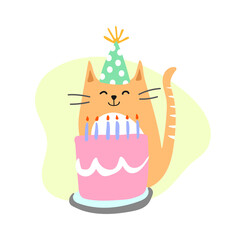Cute Birthday Cat Vector Design Template. Hand Drawn Cat with Birthday Cake and Candles. This design can be used in Birthday Card, T shirt design and children's illustration book.